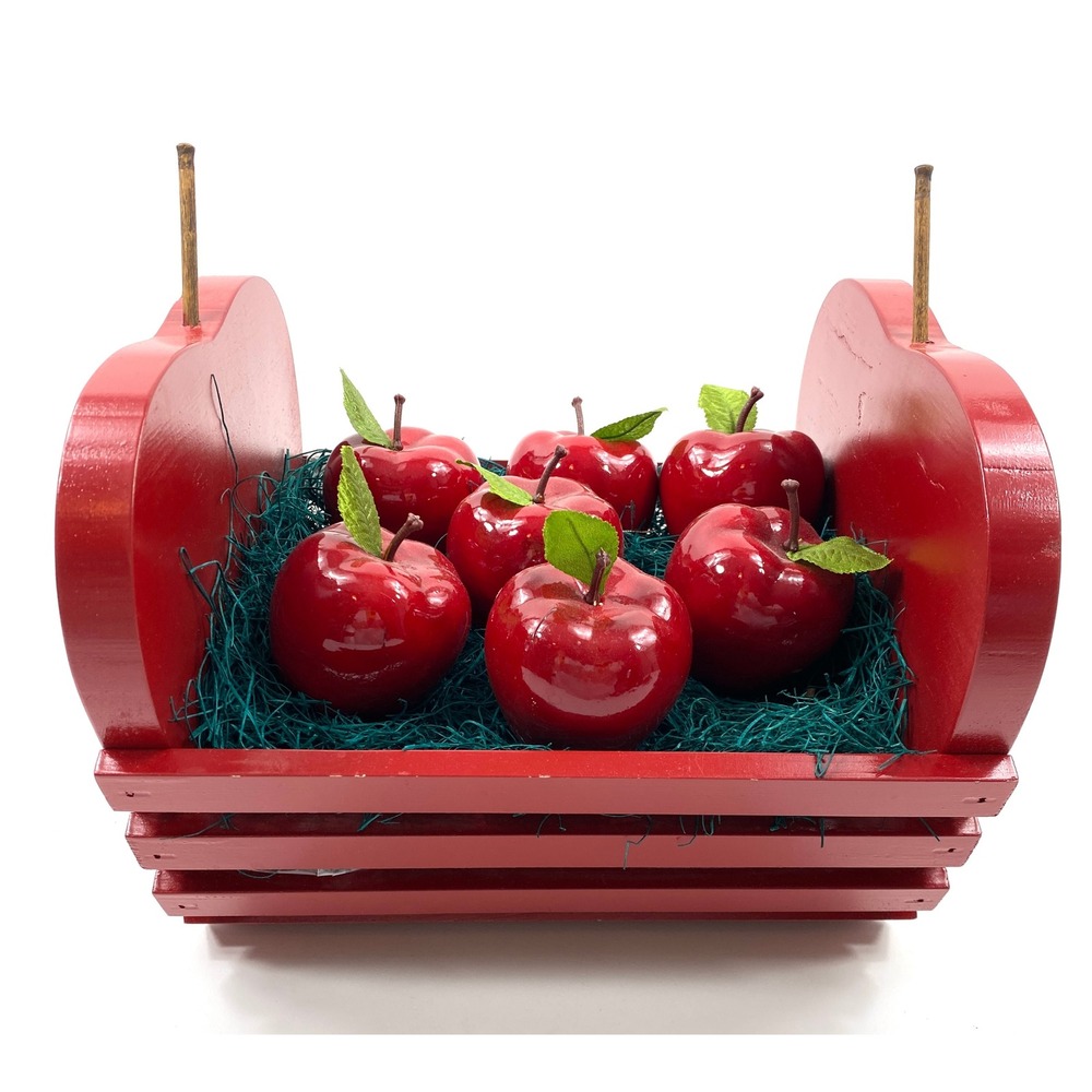 Red Wooden Apple Shaped Crate with 7 Glossy Artificial Apples Farmhouse Decor